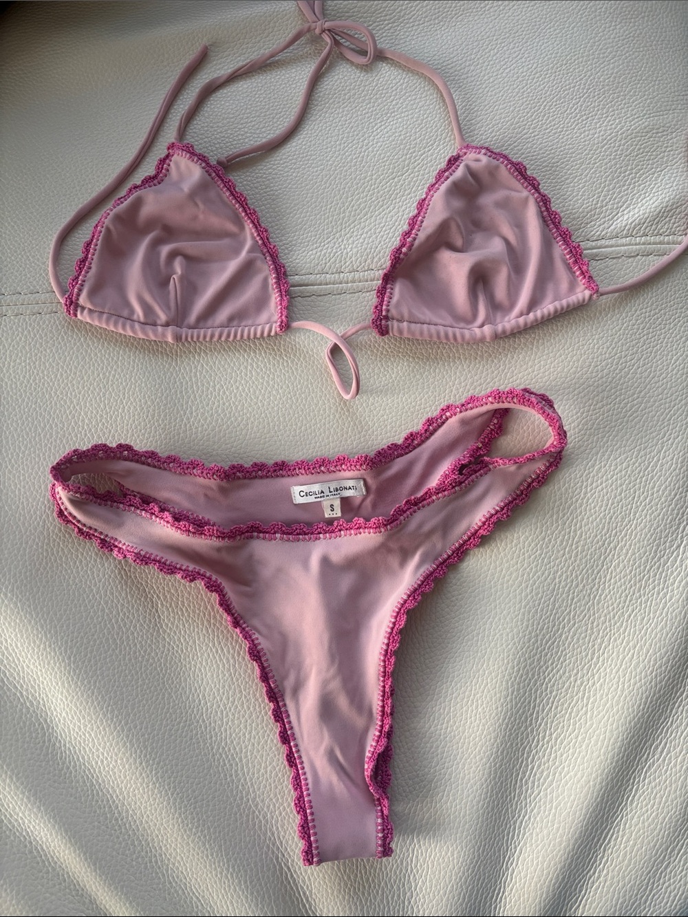 Pink Lace-Trim Triangle Bikini Set